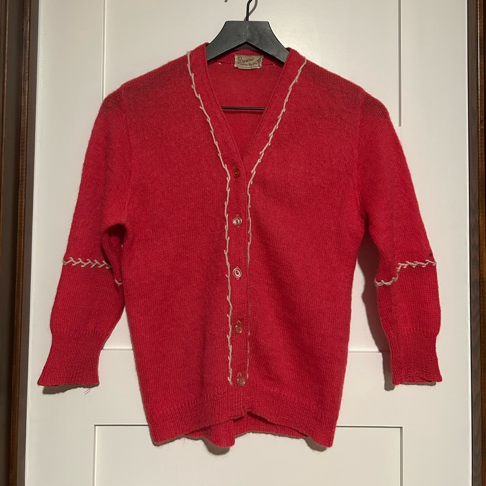 Vintage 1950s Brownie Knitting Mills Pink Wool / Mohair Cardigan sweater
